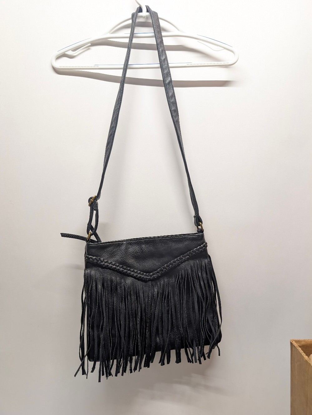 Women's Black Fringe Shoulder Bag with Braided Accent